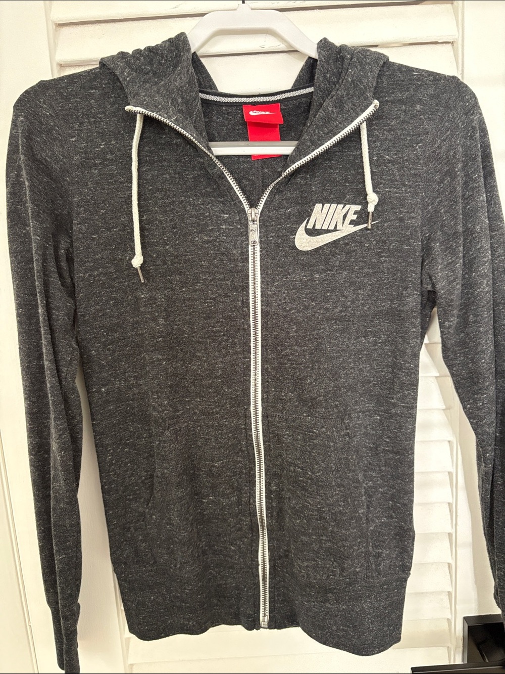 Nike Women Heather Charcoal Zip-Up Hoodie with White Logo